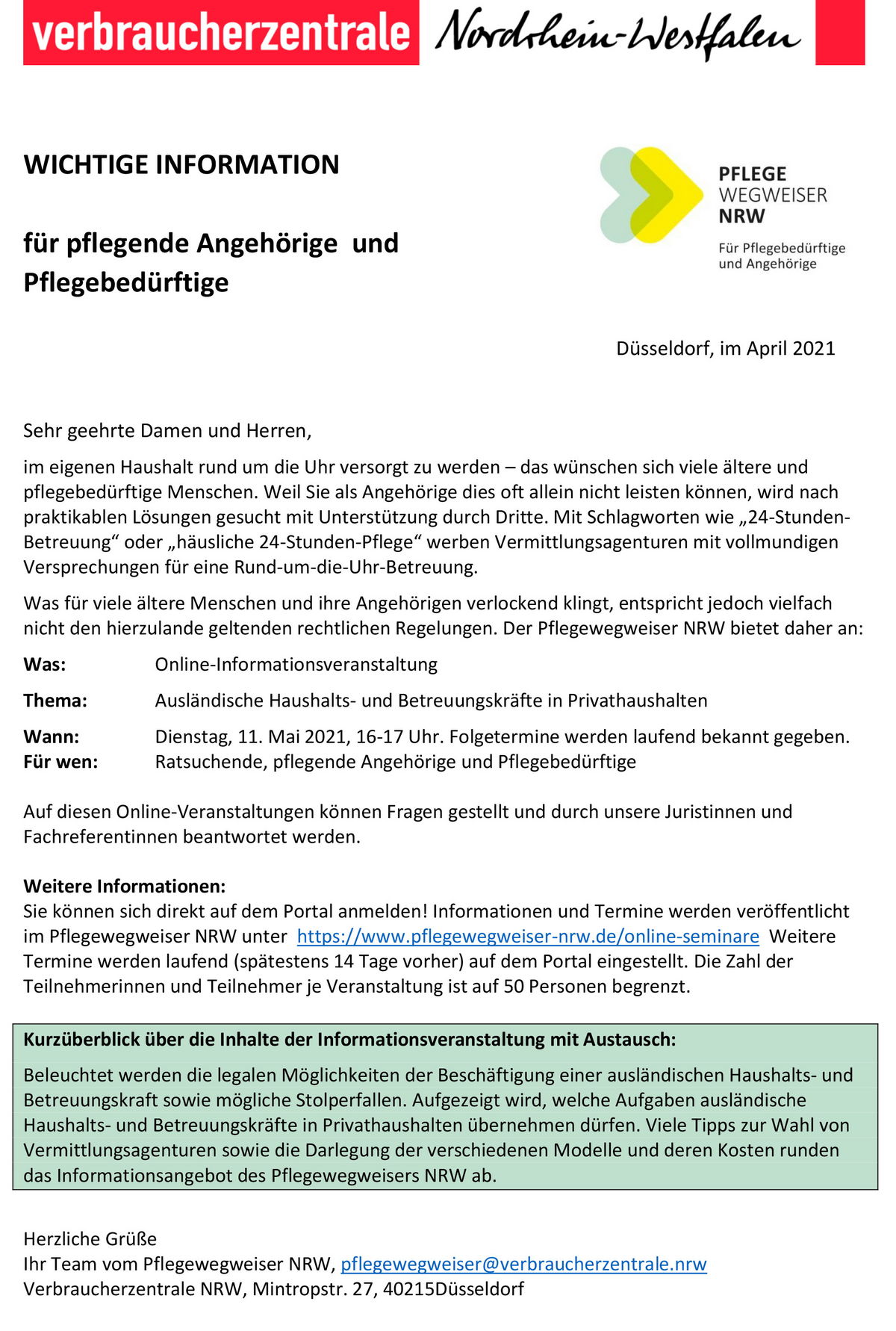 Informationsblatt Onlineveranstaltung ausländische Pflegekräfte