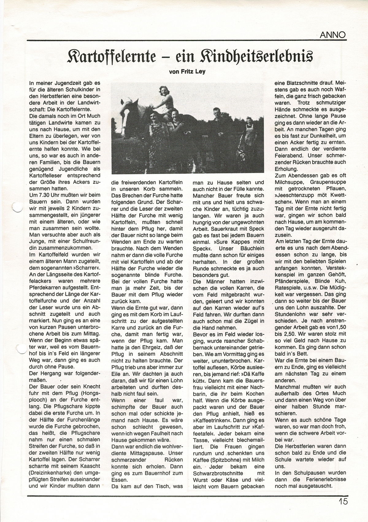 Zeitungsartikel zur Kartoffelernte von Fritz Ley